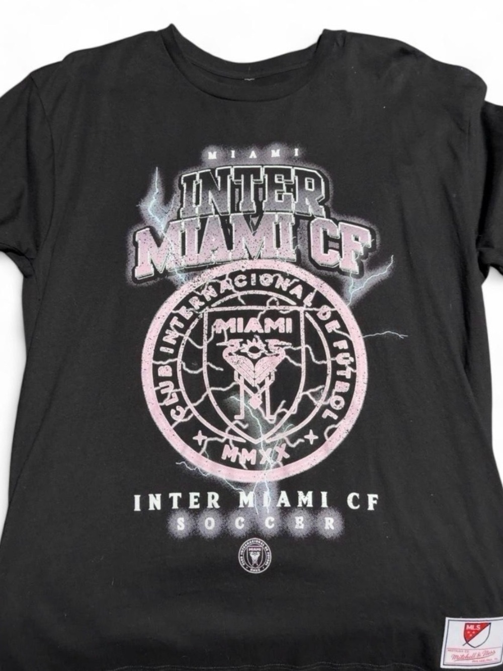 Mitchell & Ness Black T‑Shirt with Pink Lightning Graphic
